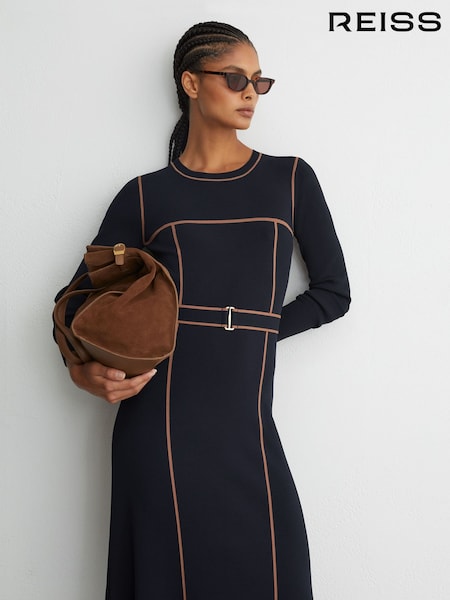 Marine/Camel - Reiss Etta Colour-block Knitted Midi Dress