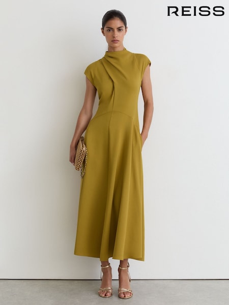 Chartreuse Green - Reiss Alma High-neck Pleat-detail Midi Dress