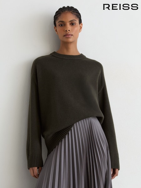 كاكي أخضر - Reiss Riley Wool-cashmere Crew-neck Raglan Jumper