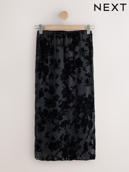 Black - Floral Devore Midi Skirt