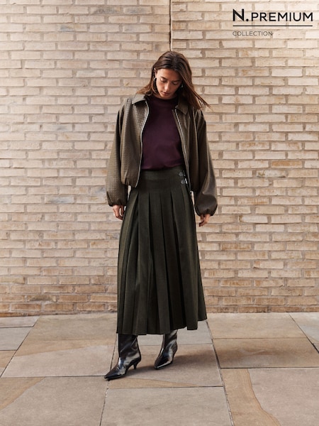 ירוק חאקי - N. Premium Kilt Midi Skirt