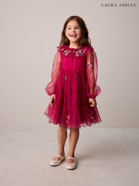 紅色 - Laura Ashley Floral Embroidered Collared Dress