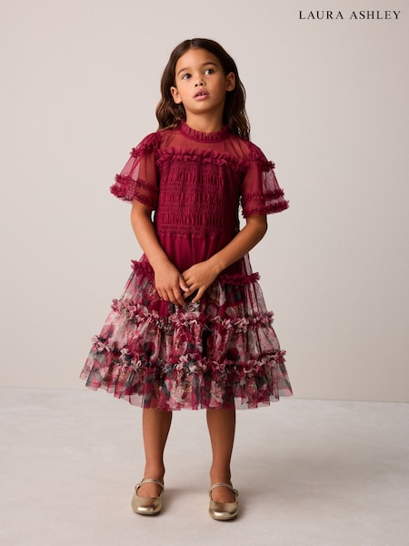 Red - Laura Ashley Floral Mesh Tier Dress