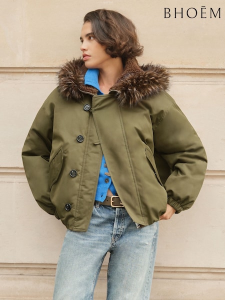Verde kaki - Cotton Nylon Padded Balloon Parka Jacket With Fur Hoodie