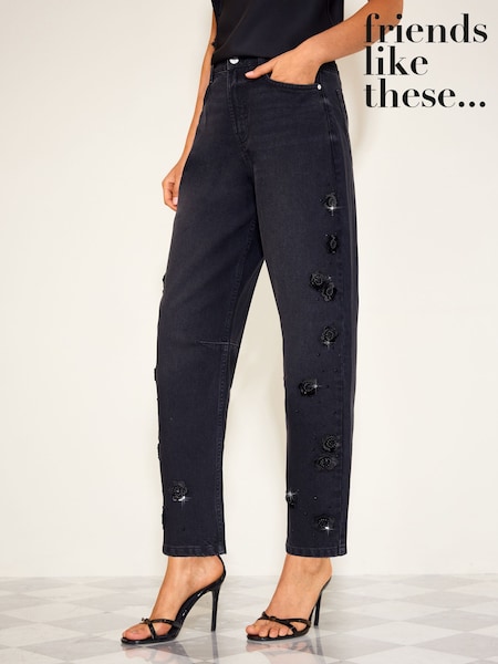 Μαύρο - Friends Like These 3d Floral Embellished Barrel Leg Denim Jeans