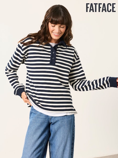 Navy Stripe - Fatface Quarter Neck Collared Sweat Top