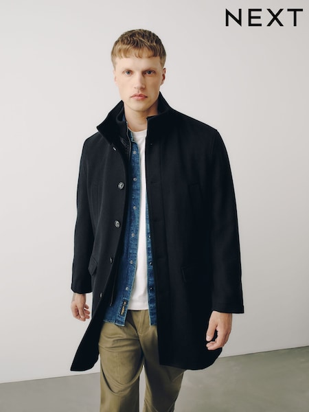 Black - Regular Wool Blend Mock Gilet Herringbone Padded Coat
