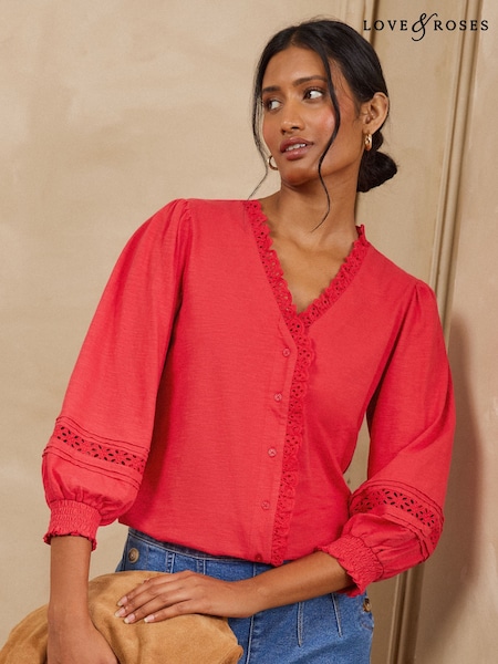 Red - Love & Roses 3/4 Sleeve Broderie Trim Jersey Blouse