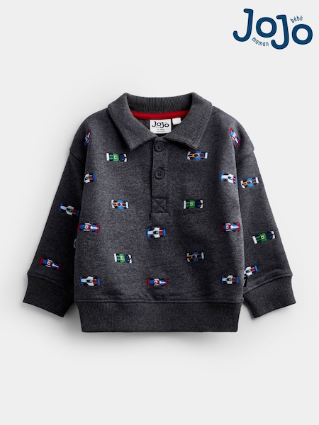 灰色汽車圖案 - Jojo Maman Bébé Embroidered Half Button Sweatshirt