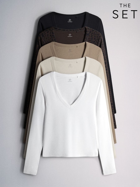 Brown/Black/Leopard Animal/Neutral/White - The Set 5 Pack V-neck Ribbed Long Sleeve T-shirts