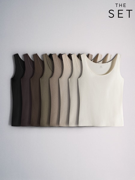 Neutral/Brown/Black/Ecru/Oat - The Set 8 Pack Scoop Neck Wide Strap Vests