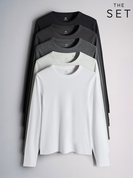 Grey/Black - The Set 5 Pack Ribbed Long Sleeve T-shirts
