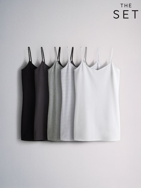 Black/Grey Marl/Stripe/White - The Set 5 Pack Longline Cami Vests