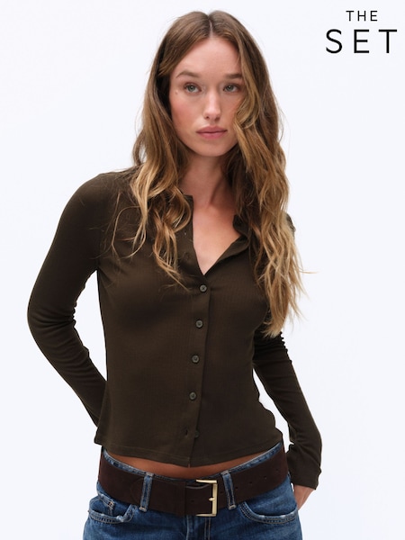 Темно-зеленый/талия/шоколадно-коричневый - The Set 3 Pack Sheer Ribbed Button Through Collared T-shirts