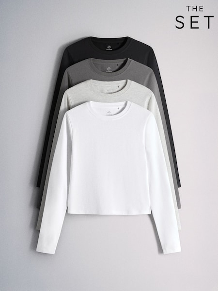 Grey/Black - The Set 4 Pack Long Sleeve Cropped T-shirts
