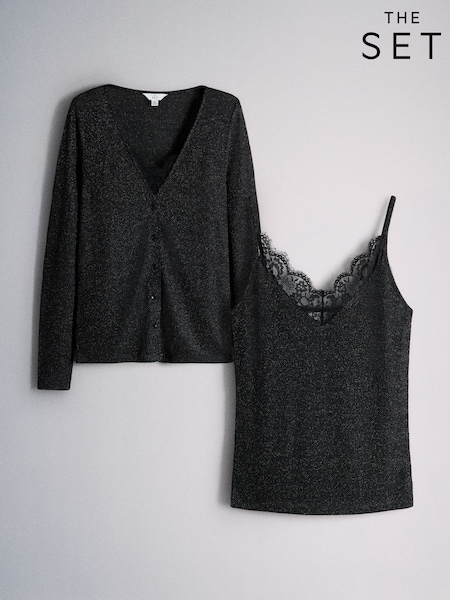Black - The Set Lurex Sparkle Cardigan And Lace Vest Set