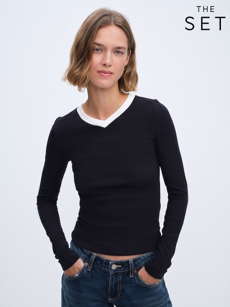 צבע בורגונדי/שמנת/נייבי - The Set 3 Pack High V-neck Rib Long Sleeve Tops