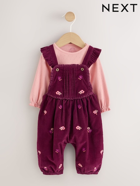 Burgundy Floral - Cord Baby Dungarees And Bodysuit Set 2 Piece (0mths-2yrs)