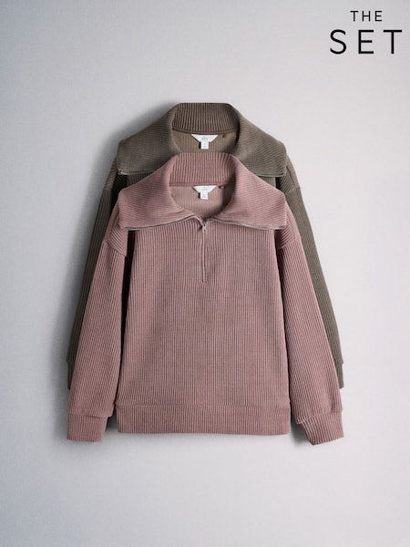 Taupe / Pink - The Set 2 Pack Half Zip Funnel Neck Lounge Sweater