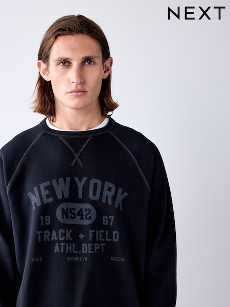 Black Graphic - Regular Soft Loopback Crew Neck Sweatshirt