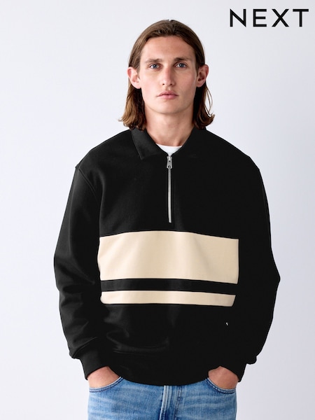 Black/Cream Block - Regular Soft Loopback Zip Neck Polo Sweatshirt