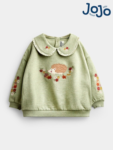 Sage Green Hedgehog - Jojo Maman Bébé Appliqué Collar Sweatshirt