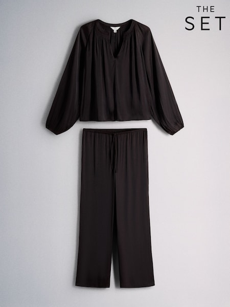 Brown - The Set Wide Leg Satin Co-ord Shirt & Trousers Set