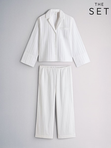 White - The Set Premium Shadow Stripe Woven Button Through Pyjamas Set