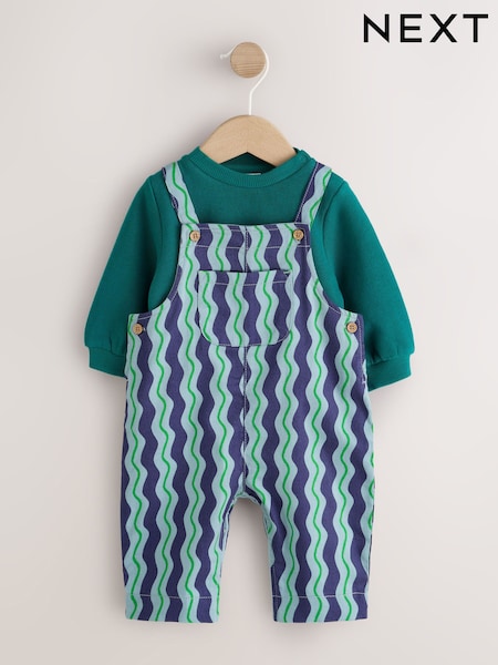 Green/Blue Wavy Stripe - Baby Twill Dungarees And Bodysuit Set (0mths-2yrs)