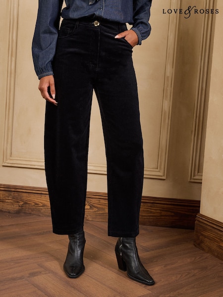 Black - Love & Roses Cord Barrel Trousers