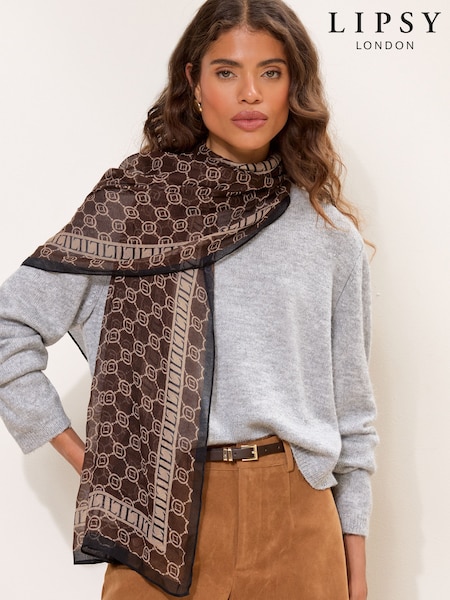 Chocolate Brown Monogram - Lipsy Lightweight Printed Scarf