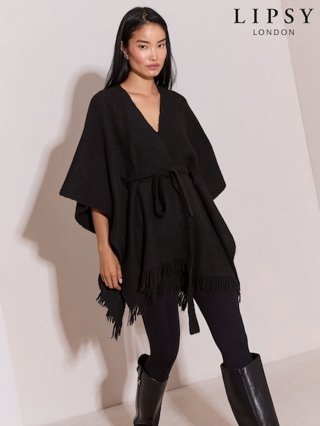 Black - Lipsy Soft Touch Belted Fringe Cape Poncho