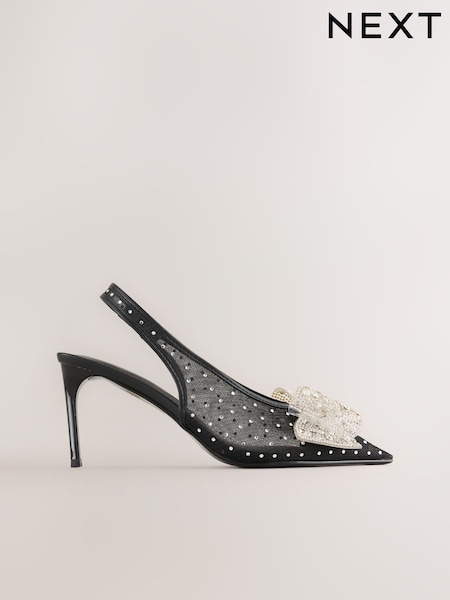 Black - Forever Comfort® Round Toe Vinyl Slingback Jeweled Bow Heels