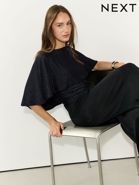 Navy - Lurex Sparkle Cape Short Sleeve Top
