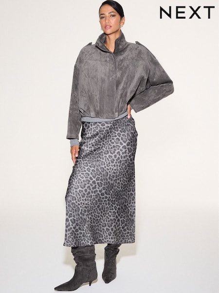 Black/Grey Animal Print - Satin Midi Skirt