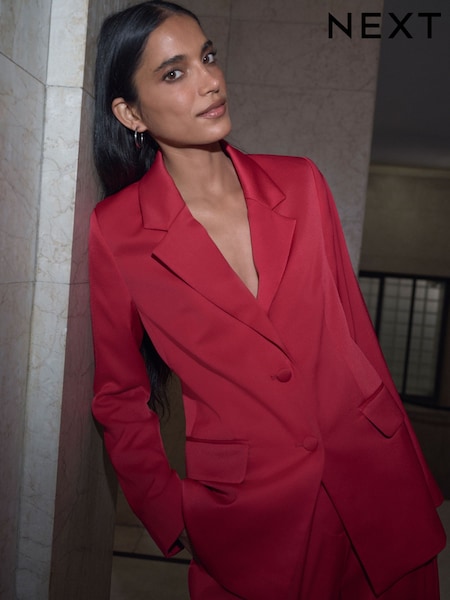 Red - Satin Single Breasted Blazer