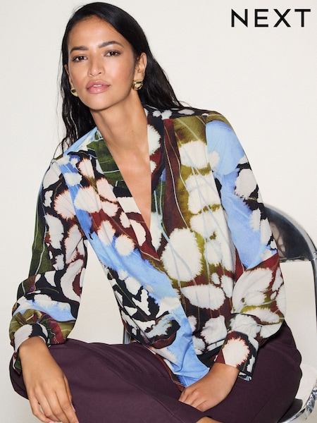 Blue Animal Print - Long Sleeved V-neck Cuff Top