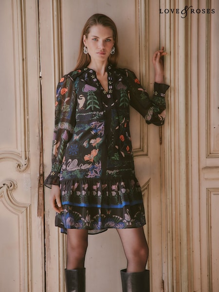 Black - Love & Roses Printed Embellished Neck Drop Waist Mini Dress