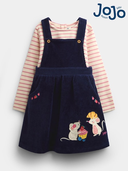 Navy Blue Mouse - Jojo Maman Bébé Embroidered Velour Pinafore Set