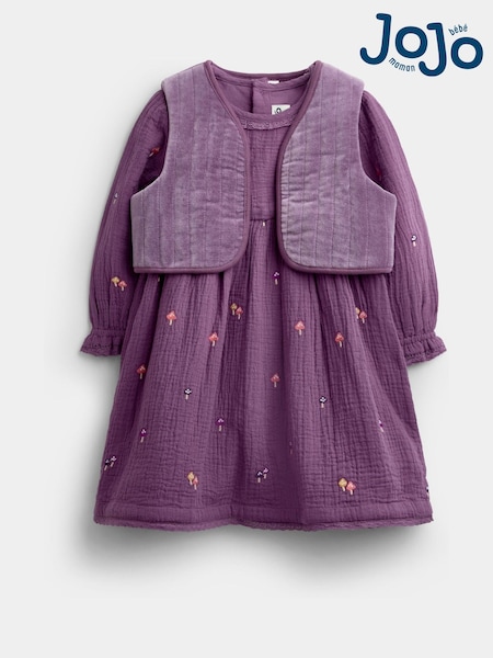Purple Floral - Jojo Maman Bébé Embroidered Cheesecloth Dress & Gilet Set