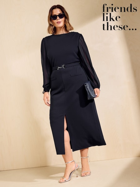 Navy - Friends Like These Chiffon Long Sleeve Pencil Midi Dress