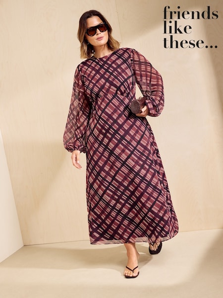 Roșu vișiniu - Friends Like These Long Sleeve Check Chiffon Midi Dress