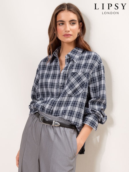 Navy Blue Check - Lipsy Oversized Pocket Detail Shirt