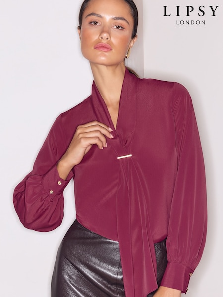 Burgundy Red - Lipsy Tie Drape Front Gold Trim Woven Blouse