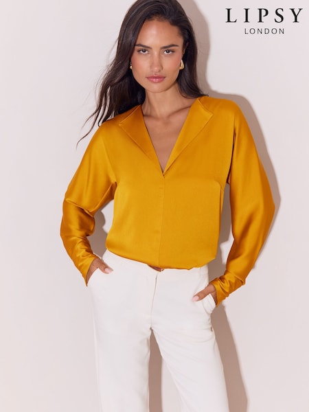 Ocher Sarı - Lipsy Satin Open Collar V-neck Batwing Blouse