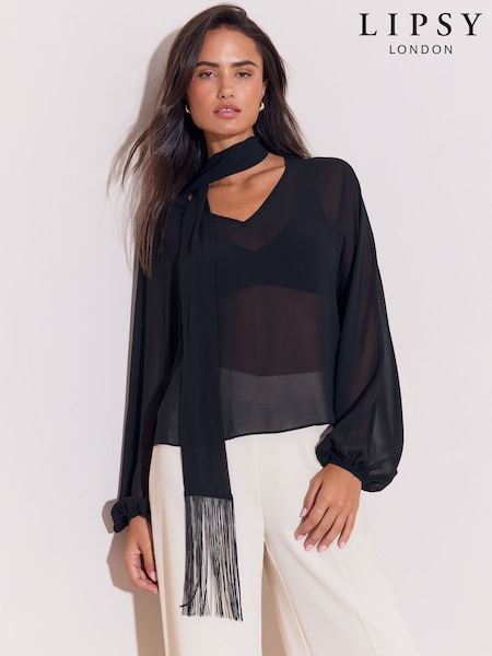 Black - Lipsy Detachable Fringe Scarf Woven Blouse