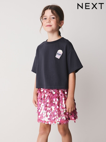 Grey/Pink Popcorn - T-shirt And Sequin Skirt Set (3-16yrs)
