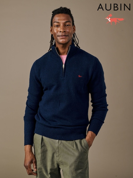 Albastru - Regular Aubin Blue Pepper Lambswool Zip Neck Jumper