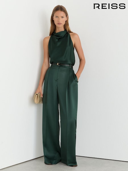 Blu-verde - Reiss Zadie Satin Wide-leg Pleated Trousers