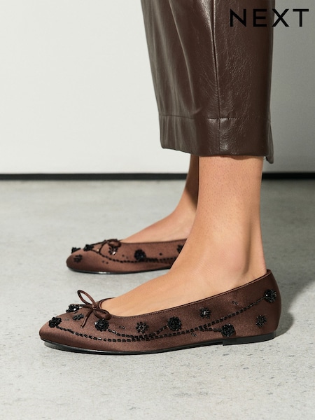Chocolate Brown - Forever Comfort® Beaded Flower Ballet Flats